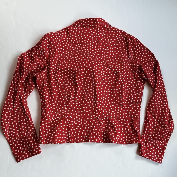 Jones New York Oxford Top Women L 12 14 Red White Polka Dot Peplum Long Sleeve - Picture 7 of 8